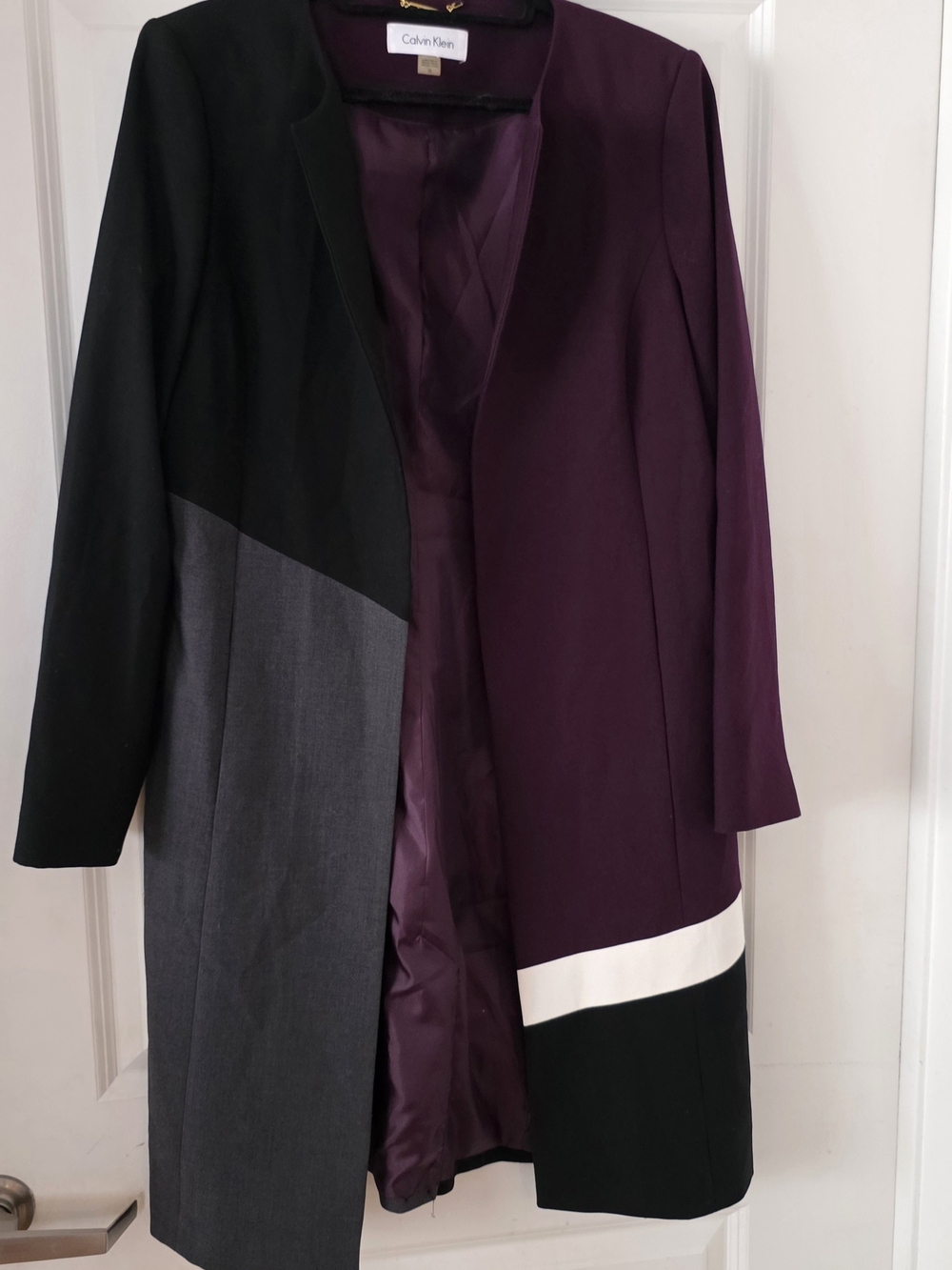 Calvin Klein Colorblock Long Trench Coat in Plum, Black & Gray with White Accent